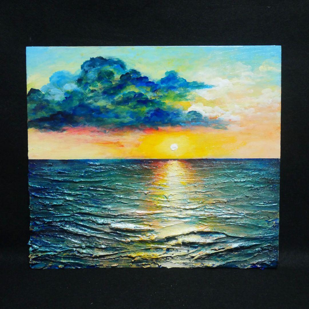 油絵 原画「Sea at Dusk」夕暮れの海 額縁付 絵画 贈り物 インテリア