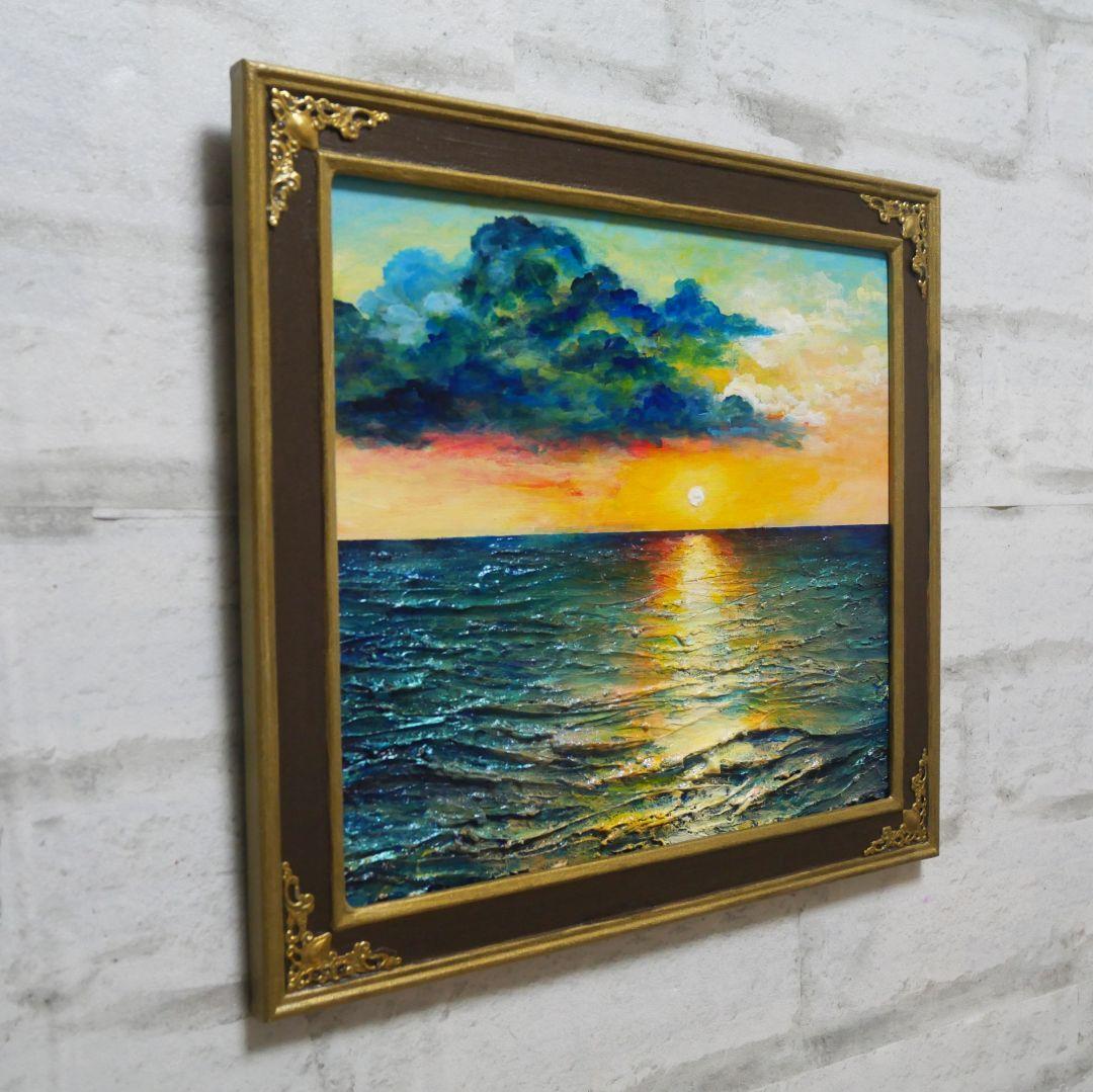 油絵 原画「Sea at Dusk」夕暮れの海 額縁付 絵画 贈り物 インテリア