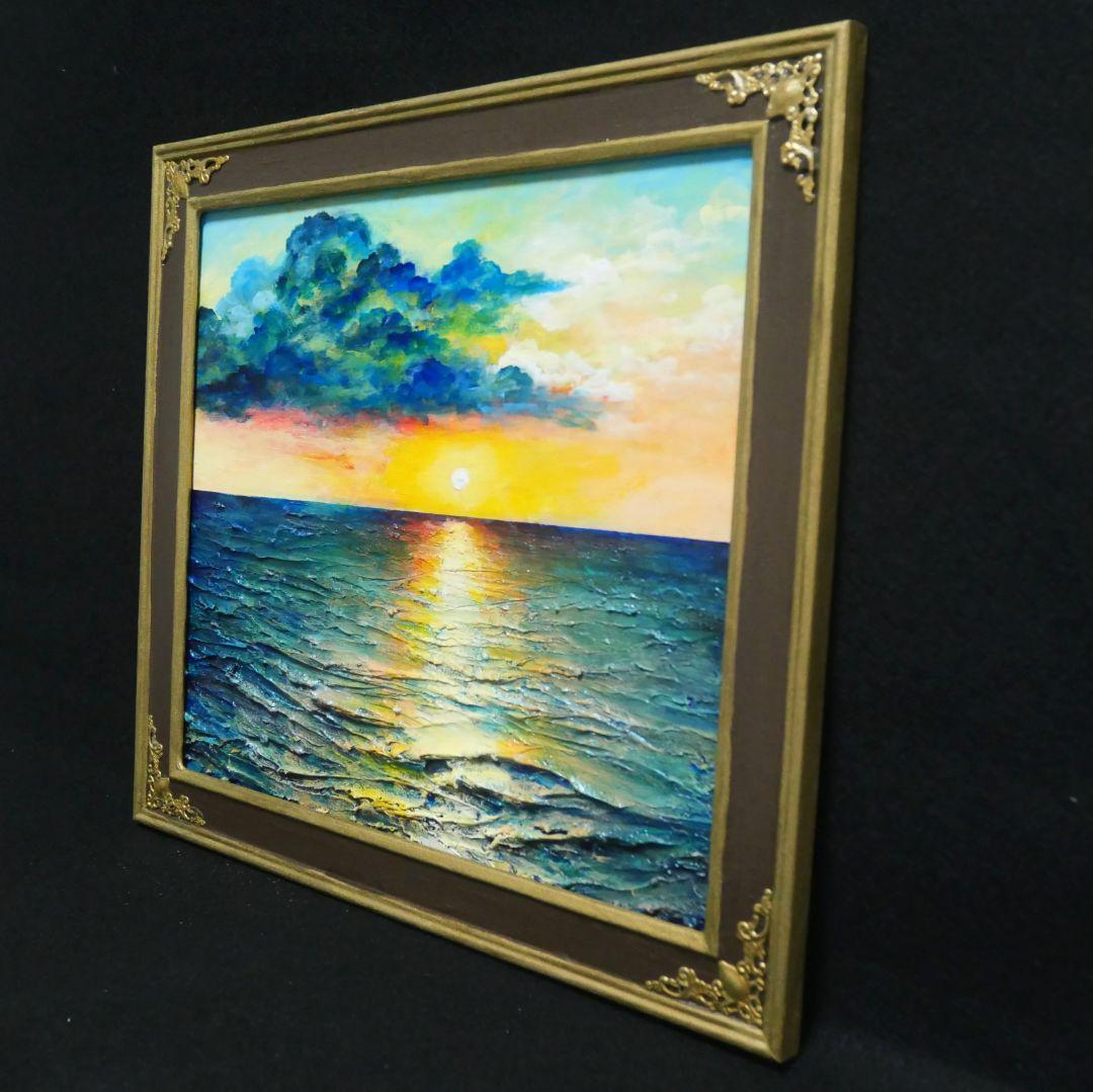 油絵 原画「Sea at Dusk」夕暮れの海 額縁付 絵画 贈り物 インテリア