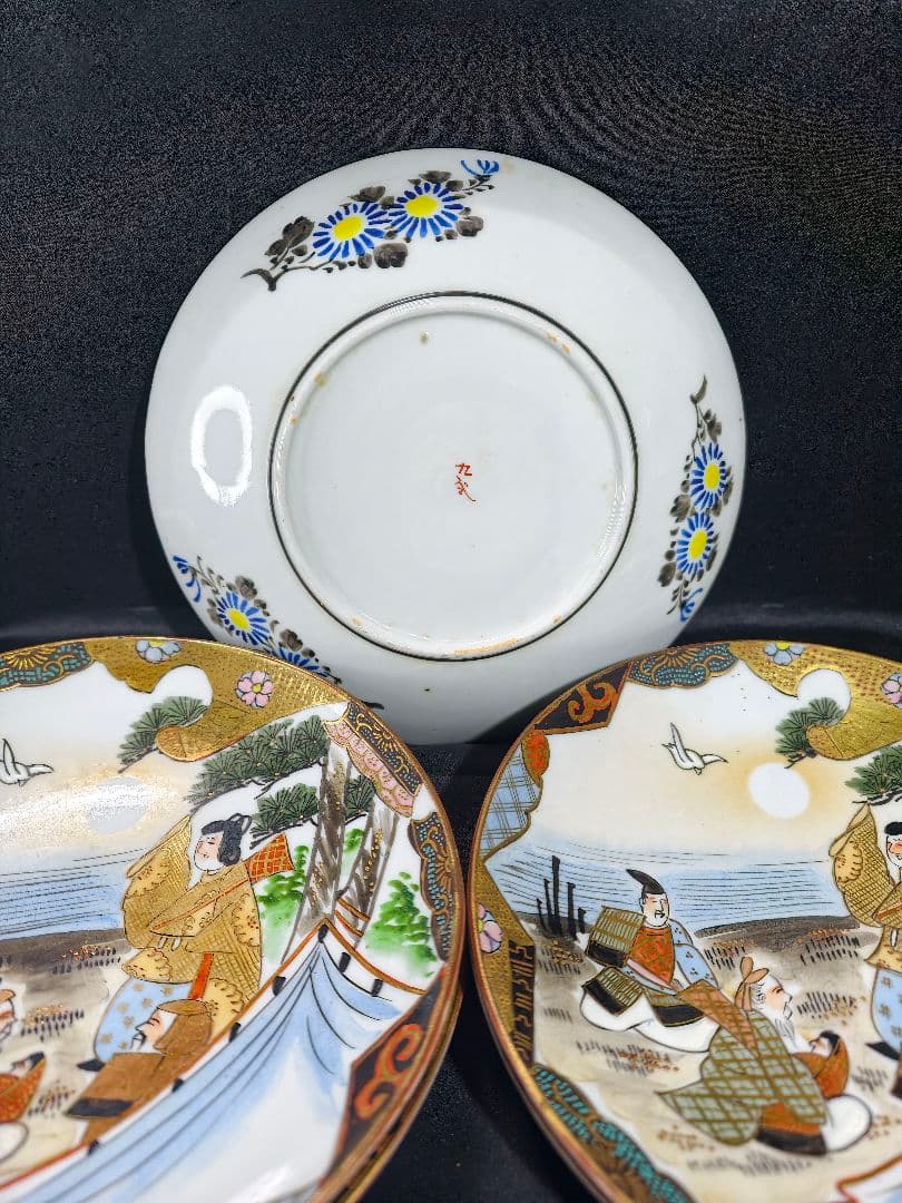 九谷焼 極上色絵金彩皿 手書き風景人物文 明治骨董 蒐集家放出美品 ほぼ未使用
