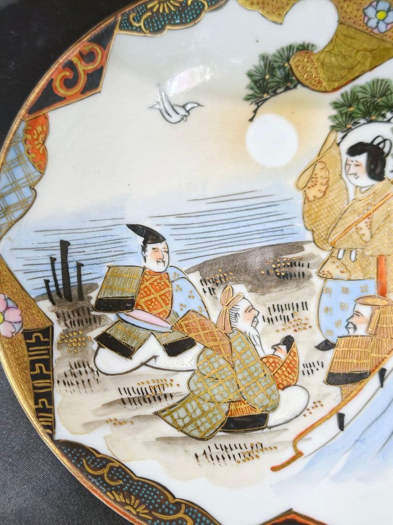 九谷焼 極上色絵金彩皿 手書き風景人物文 明治骨董 蒐集家放出美品 ほぼ未使用