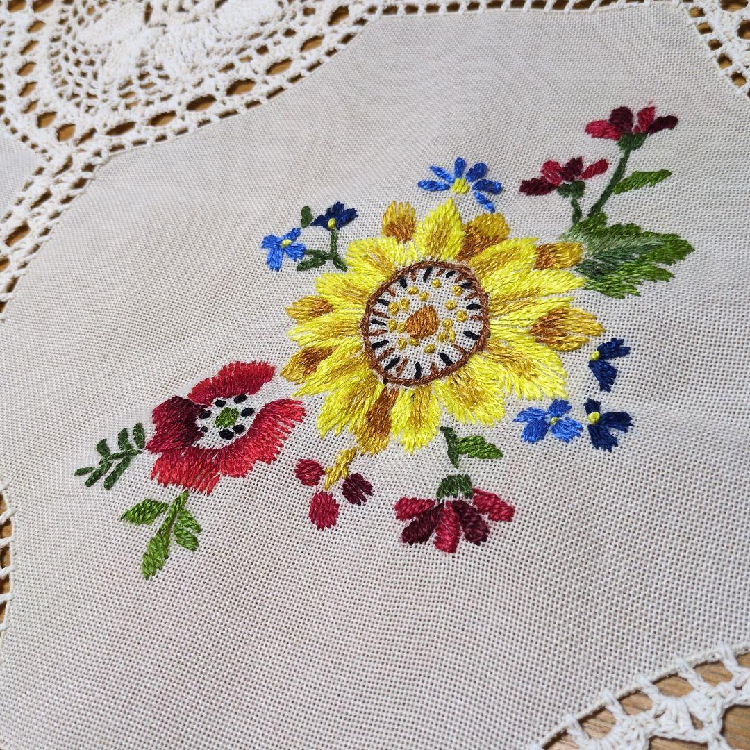 花柄刺繍レーステーブルクロス　大判　 ヴィンテージ 手刺繍　アンティーク