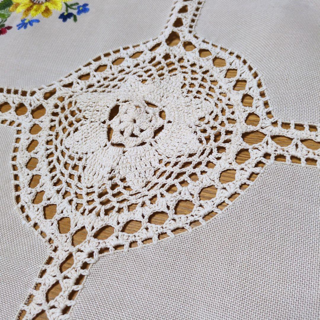 花柄刺繍レーステーブルクロス　大判　 ヴィンテージ 手刺繍　アンティーク