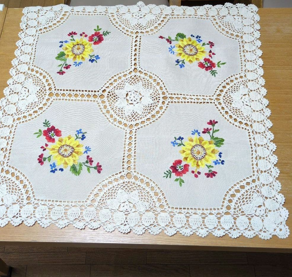 花柄刺繍レーステーブルクロス　大判　 ヴィンテージ 手刺繍　アンティーク