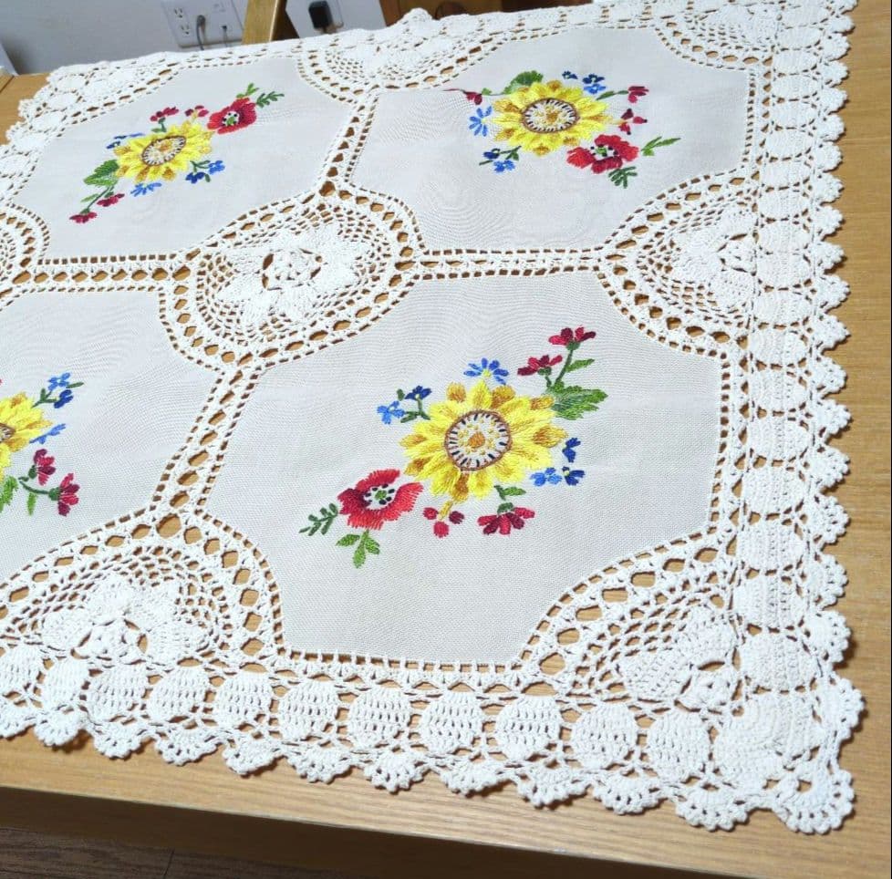 花柄刺繍レーステーブルクロス　大判　 ヴィンテージ 手刺繍　アンティーク