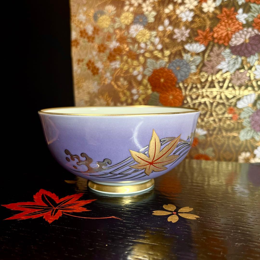 【廃番レア品】 深川製磁 金プラチナ銀彩 紅葉流水紋 飯茶碗 飯碗 ご飯茶碗