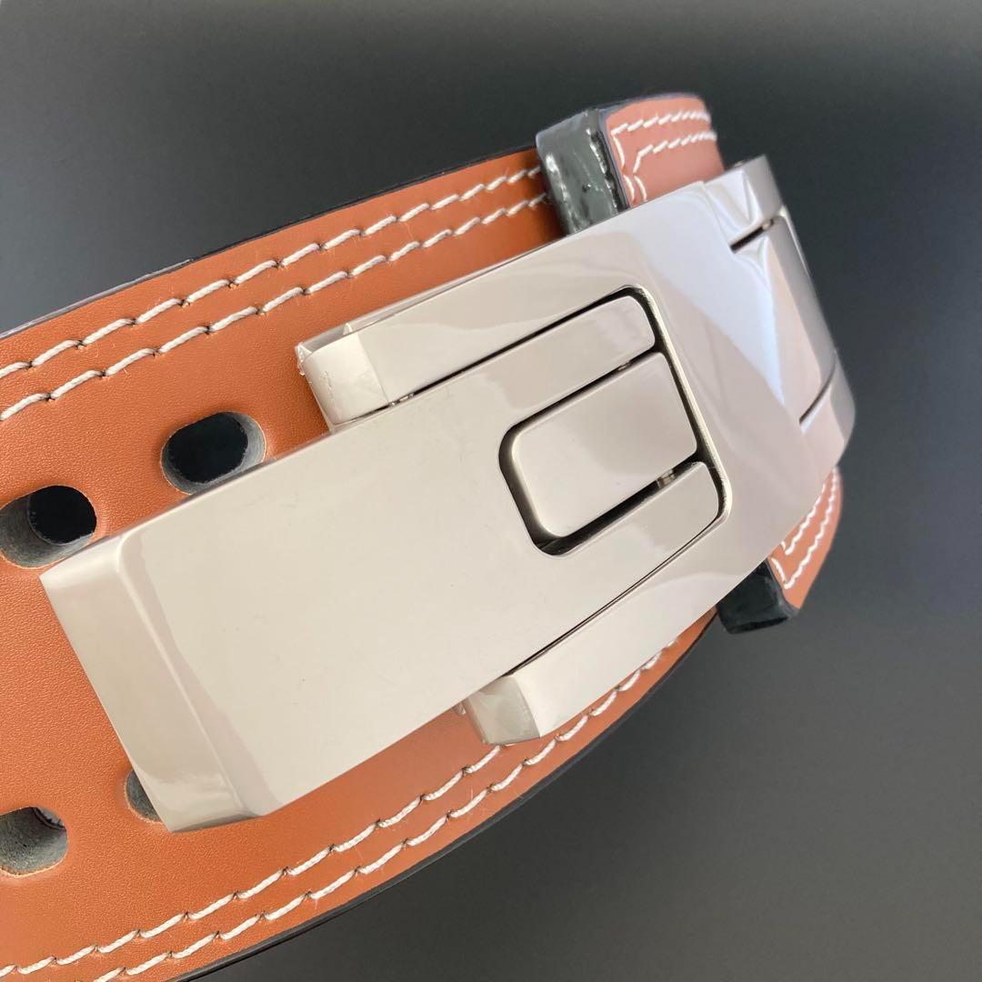 パワーリフティングベルト レバーアクション 本革 茶×マット銀 可変式 筋トレ