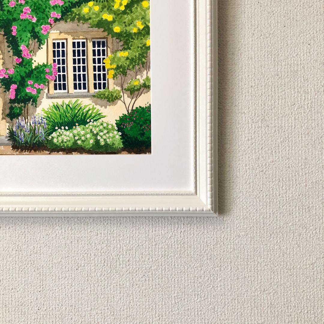 透明水彩画　原画　「ローズハウス」額縁付　A4サイズ　風景画