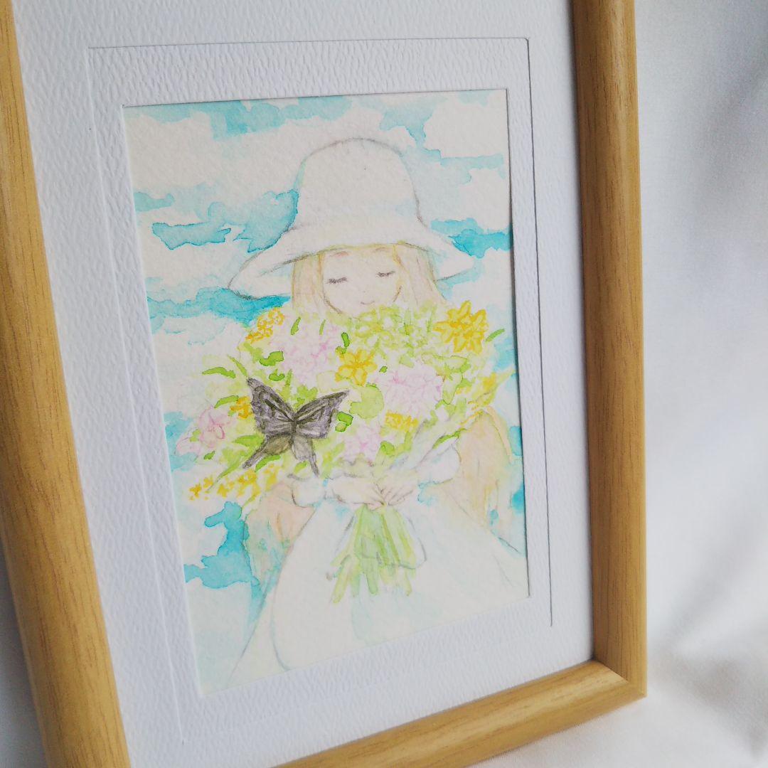 絵画 花束を持った少女とアゲハ蝶 透明水彩画
