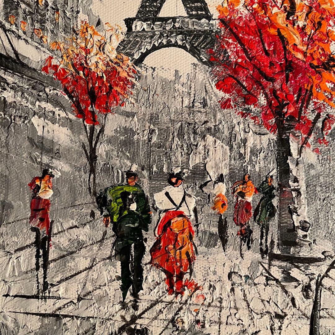 手書き油絵 パリの風景 エッフェル塔 額付 肉筆絵画 インテリア 油彩画