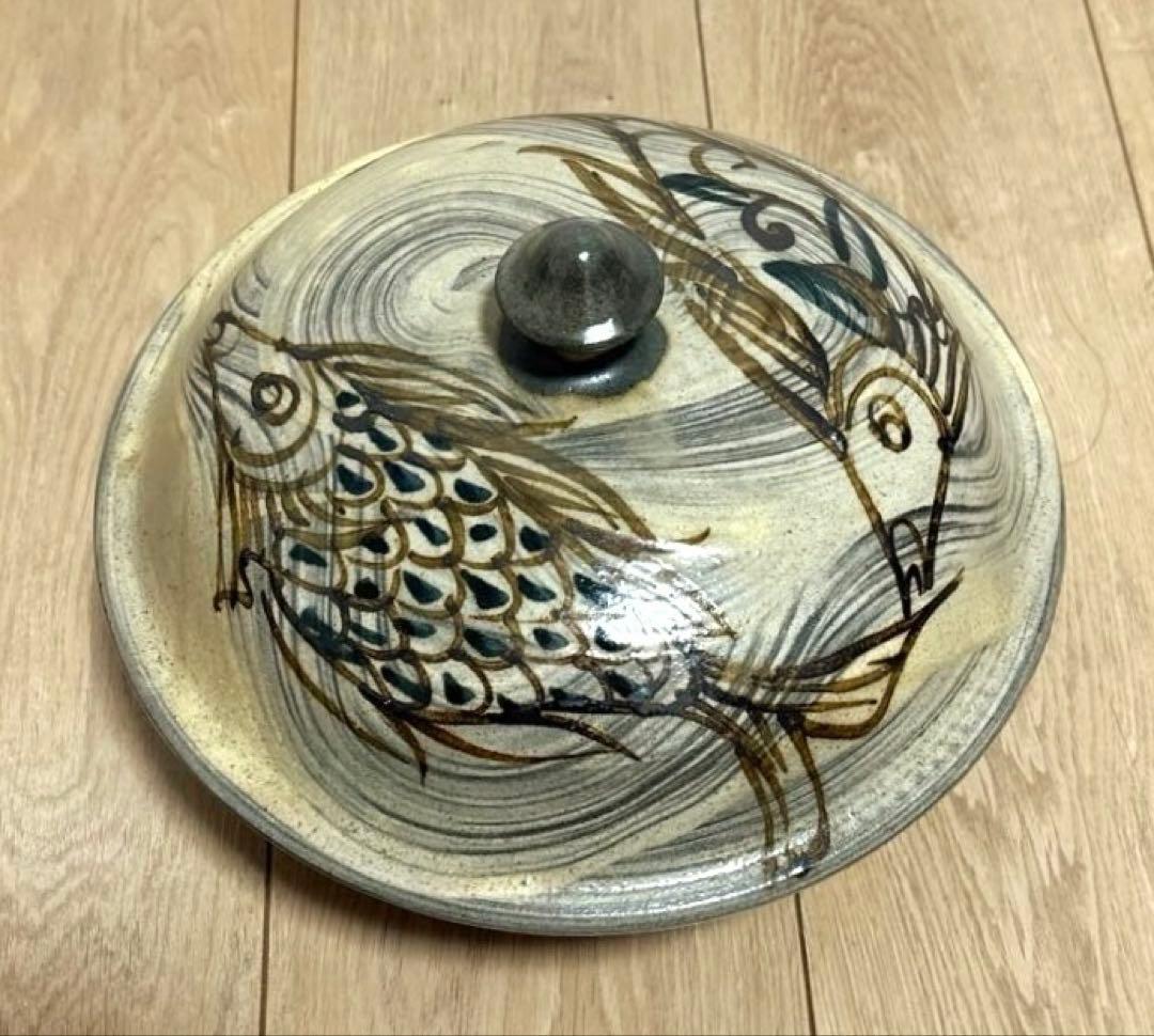 【未使用保管品】23cm 深皿　魚紋　やちむん 壷屋焼 蓋物　タラフー　琉球