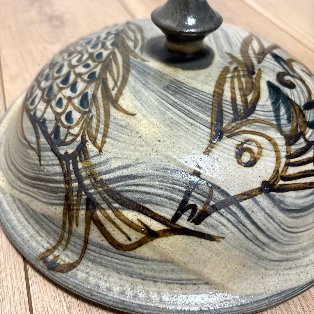 【未使用保管品】23cm 深皿　魚紋　やちむん 壷屋焼 蓋物　タラフー　琉球
