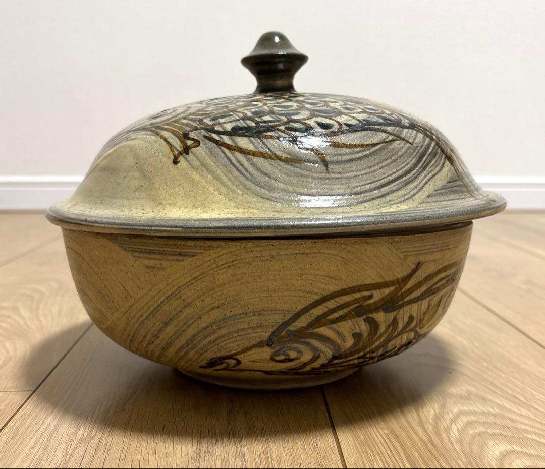 【未使用保管品】23cm 深皿　魚紋　やちむん 壷屋焼 蓋物　タラフー　琉球