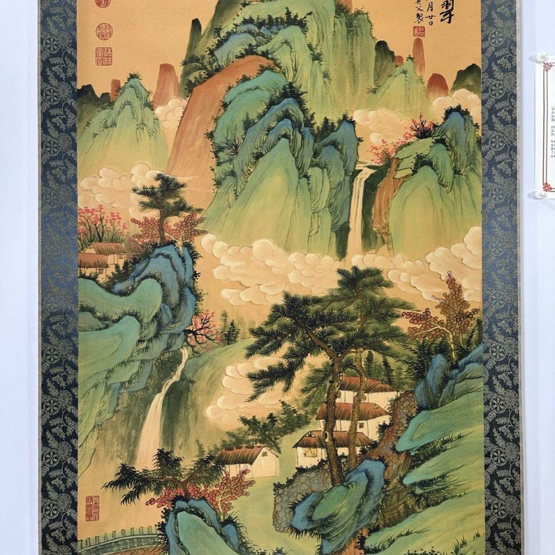 仇英《晴岚暖翠》 三尺中堂掛軸 収蔵証書付き 防偽標識あり 掛軸70×173cm
