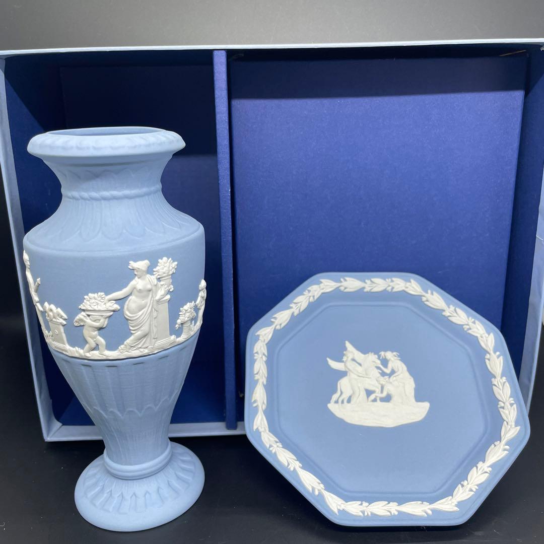 ウェッジウッド花瓶 &プレート ジャスパーペールブルー新品未使用