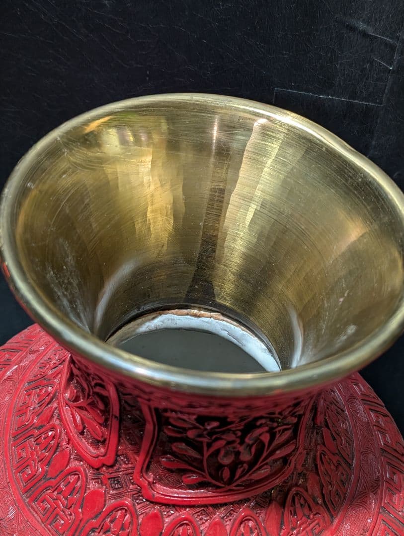 中国 美術 骨董 堆朱 壺 赤壺 工芸品 民芸品 彫刻 花柄 花瓶 花器 置物