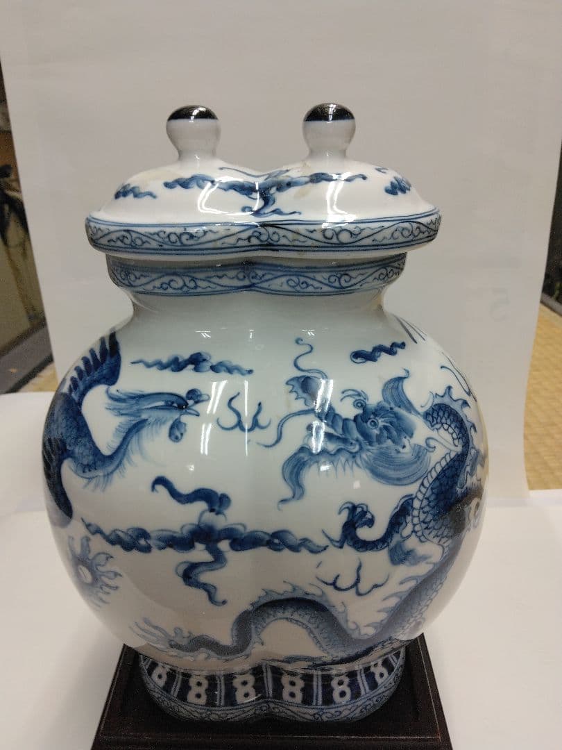 中国美術。青花竜鳳紋連瓶。