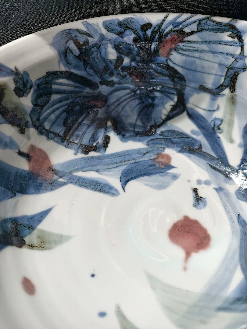 陶芸家梅田純一作品 赤絵手描き深鉢 鉄釉 共箱 蒐集家放出美品 未使用蔵出し