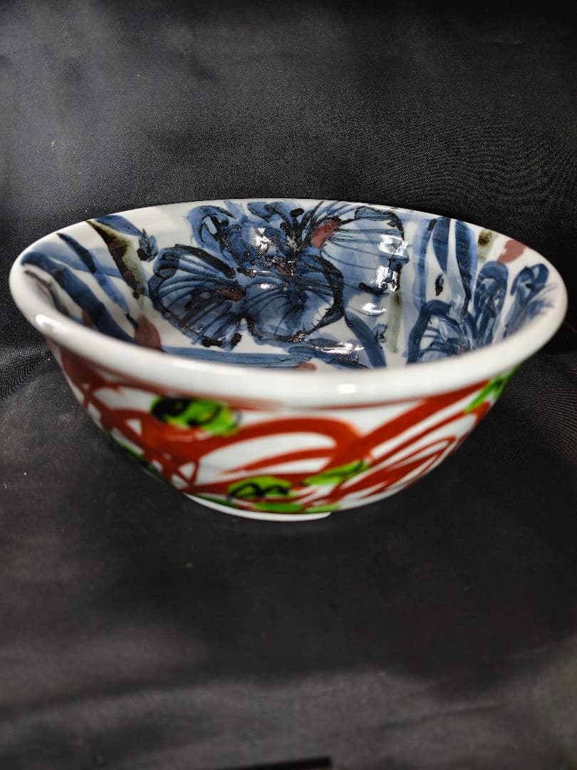 陶芸家梅田純一作品 赤絵手描き深鉢 鉄釉 共箱 蒐集家放出美品 未使用蔵出し