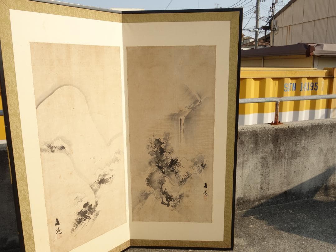 【中古】K▼谷文晁 屏風 山水画 落款 二曲一隻 (39802)