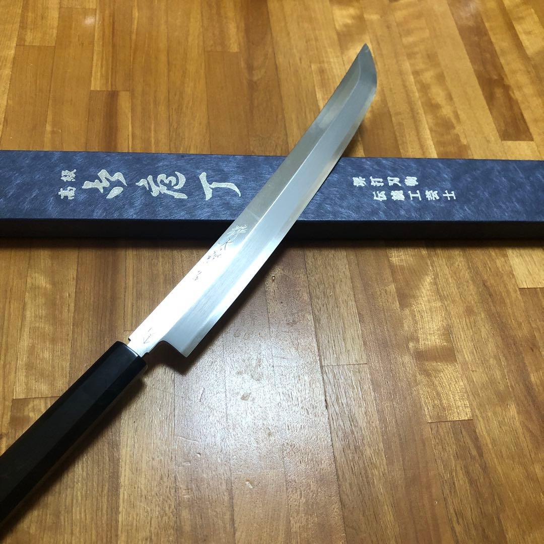 【堺打刃物】銀三鋼　本鍛錬 鬼反り　先丸蛸引き300mm 黒檀八角水牛柄