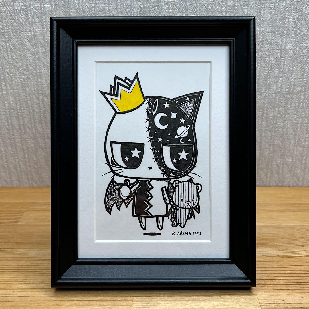 動物 原画 絵 手描き 癒し 猫 一点物 額縁付き 『ララちゃんときどき小悪魔』