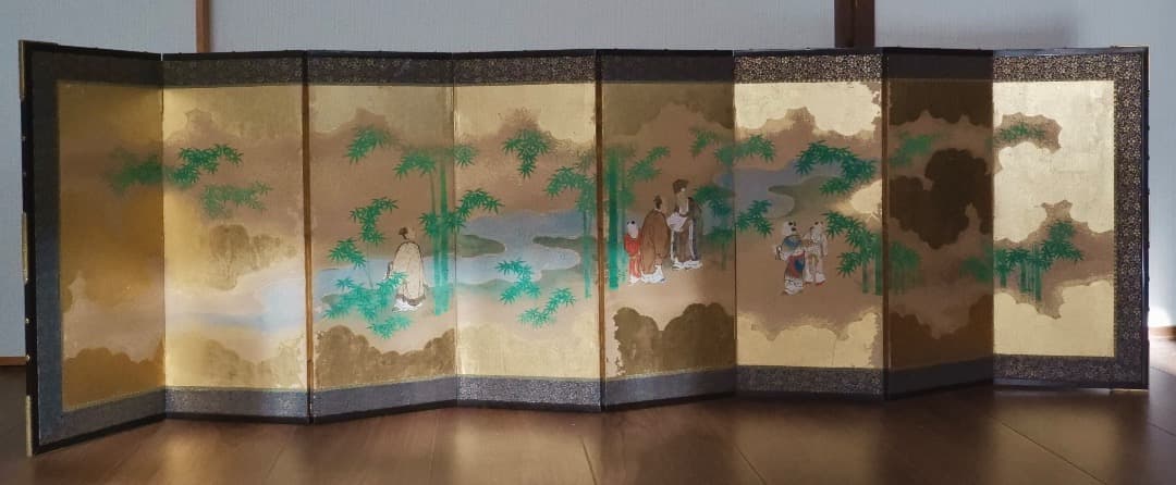 唐人物　対屏風　八曲一双　絵画　紙本金地着色　装飾　調度　箱付　Q2400