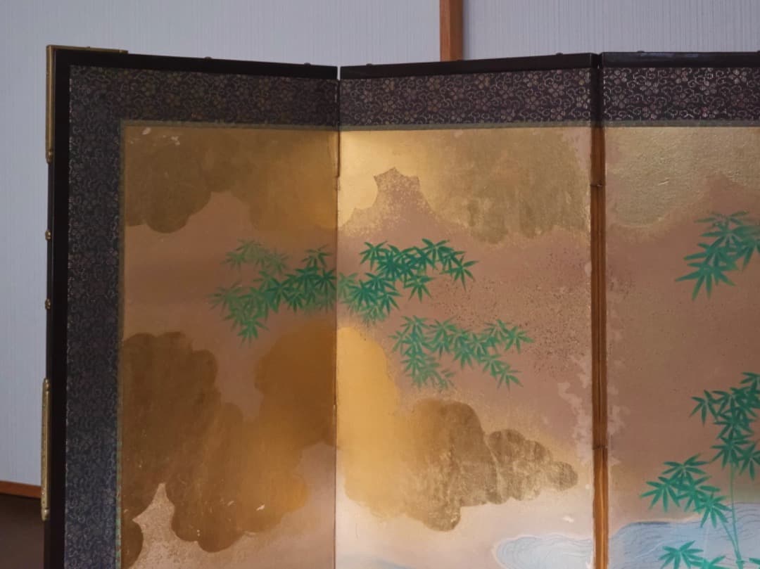 唐人物　対屏風　八曲一双　絵画　紙本金地着色　装飾　調度　箱付　Q2400