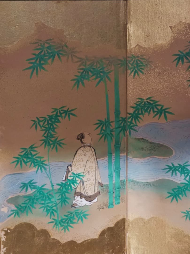 唐人物　対屏風　八曲一双　絵画　紙本金地着色　装飾　調度　箱付　Q2400