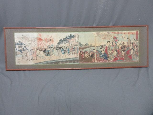 楊洲周廷木版画三枚綴り二点貼付額 [B28669]