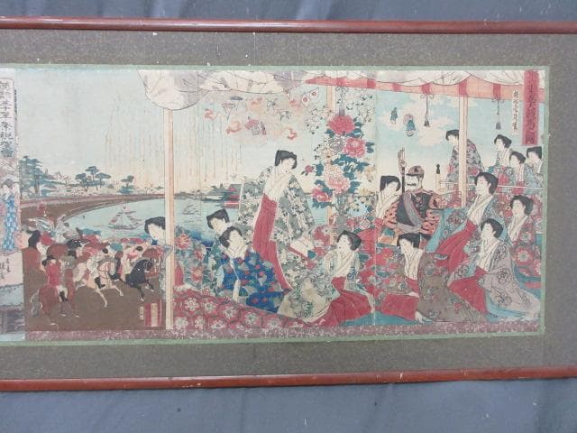 楊洲周廷木版画三枚綴り二点貼付額 [B28669]