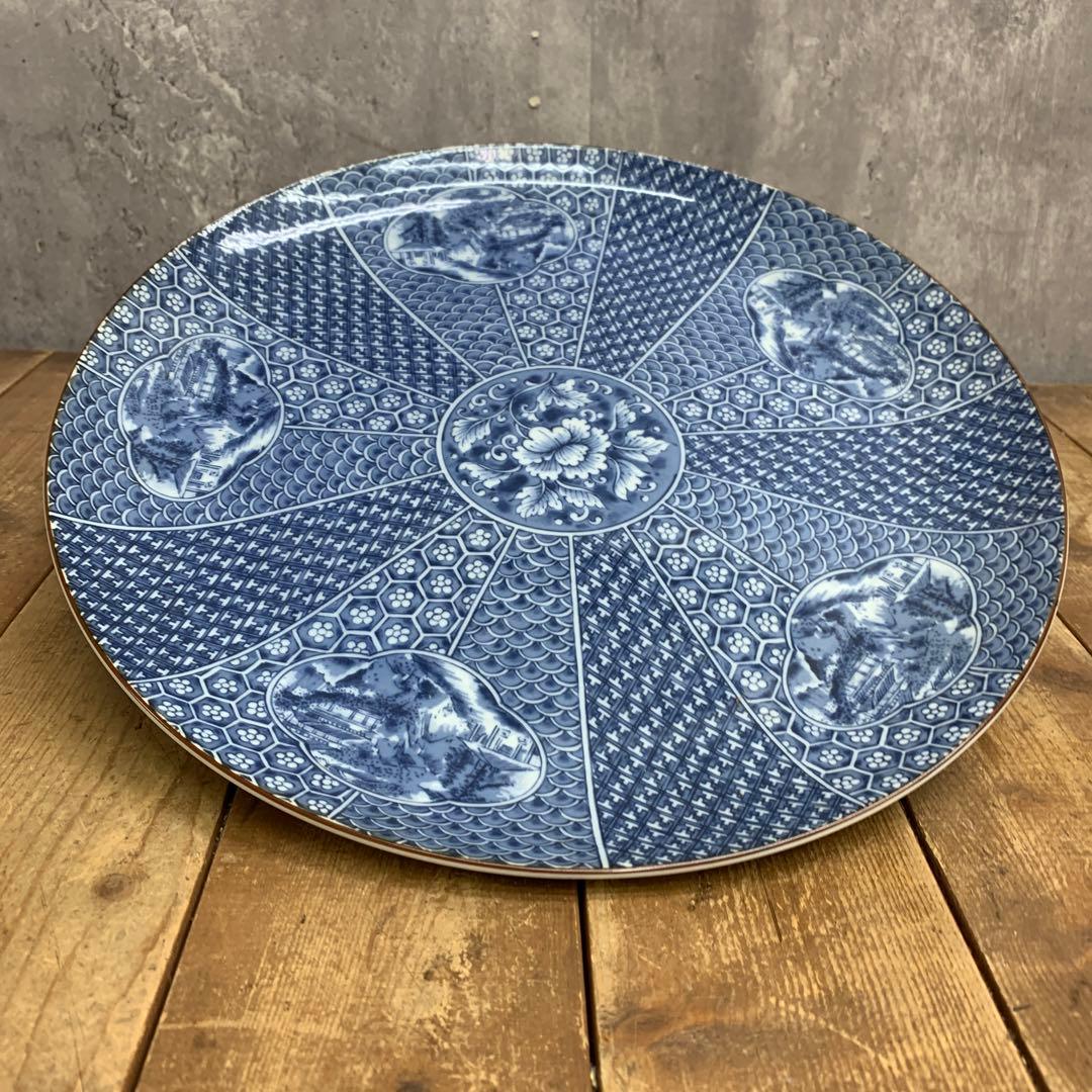 D-4 【極美品】有田焼・伊万里焼 染付 山水窓絵 牡丹 飾り大皿