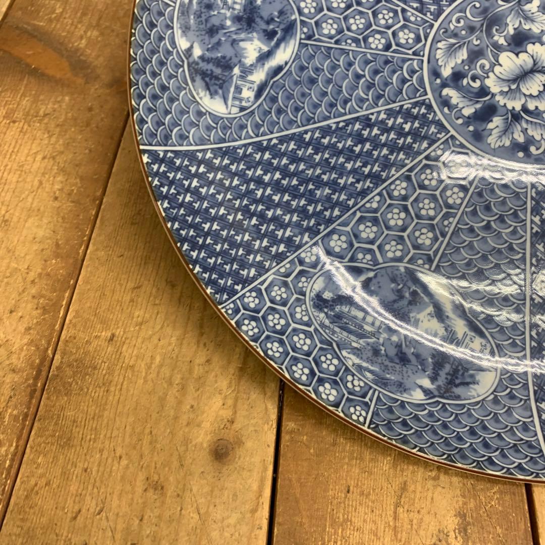 D-4 【極美品】有田焼・伊万里焼 染付 山水窓絵 牡丹 飾り大皿
