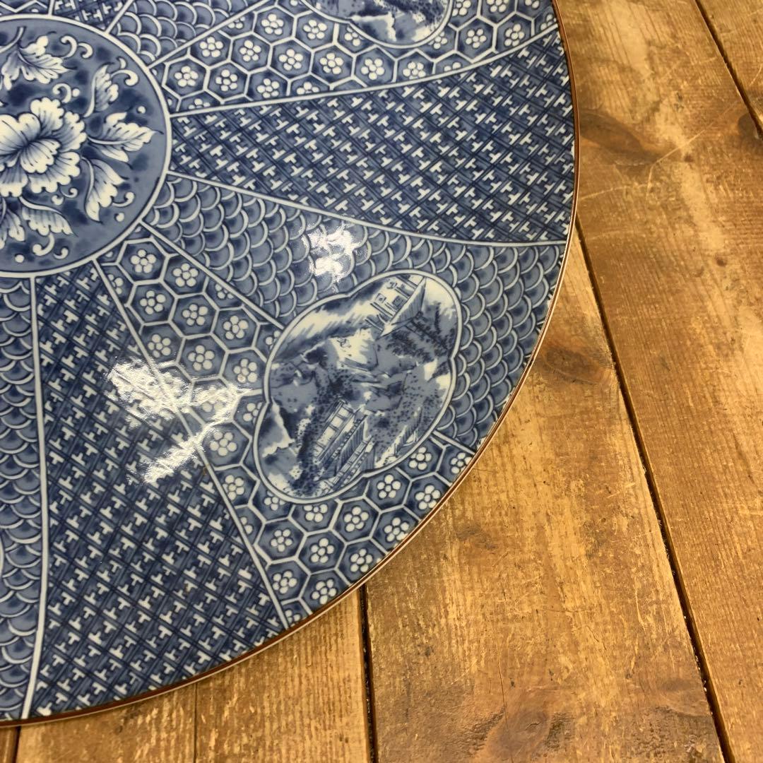 D-4 【極美品】有田焼・伊万里焼 染付 山水窓絵 牡丹 飾り大皿