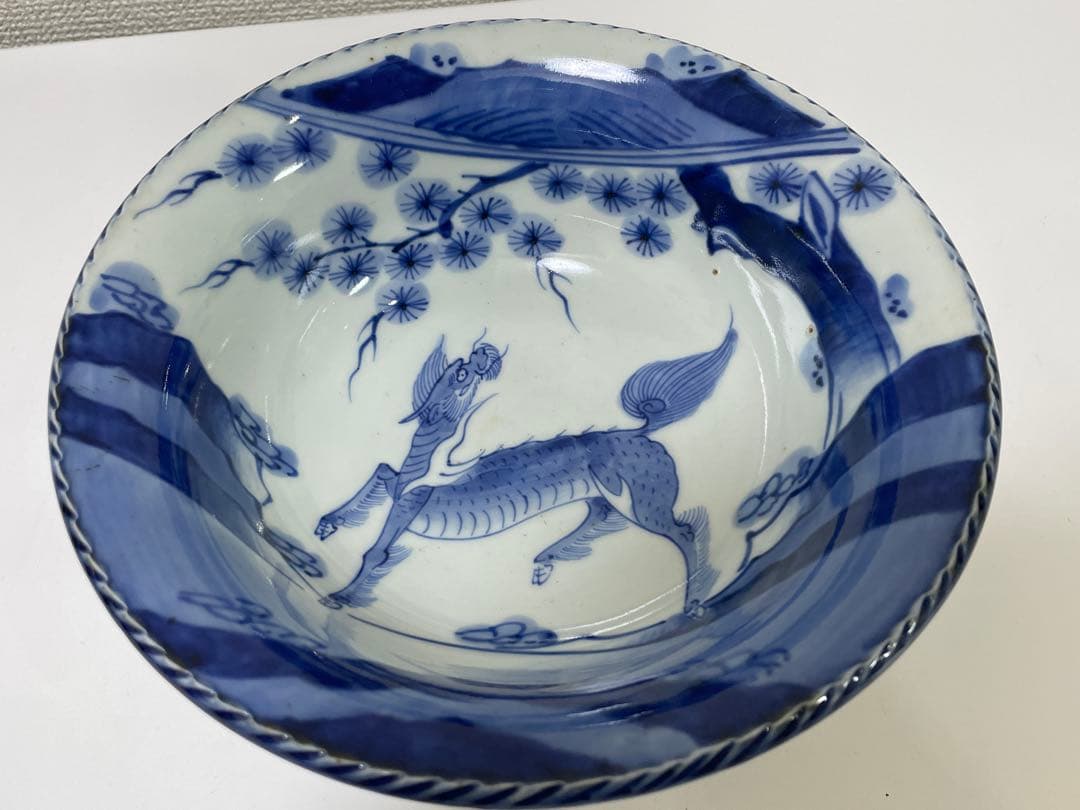 【現状品】古伊万里 陶器 染付 麒麟 菓子鉢 菓子器 アンティーク 割烹 2点