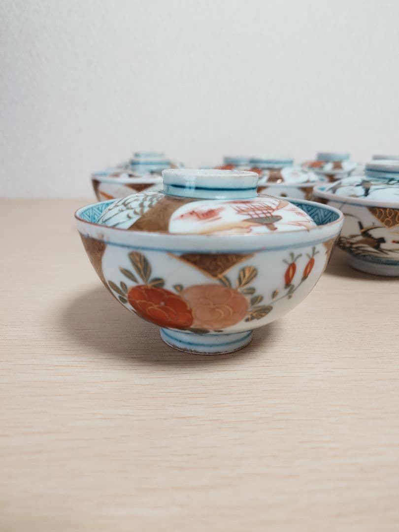 伊万里焼 時代物 蓋付煮物椀 蓋付き茶碗 8客 現状品 金彩