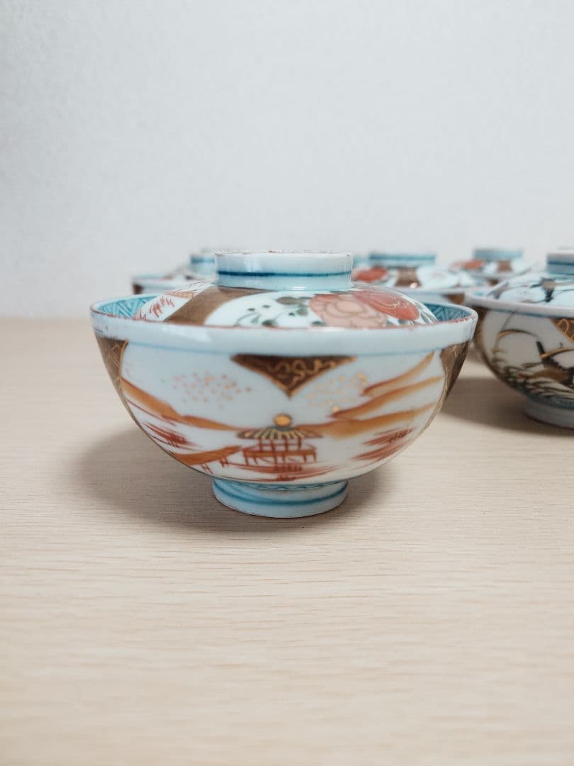 伊万里焼 時代物 蓋付煮物椀 蓋付き茶碗 8客 現状品 金彩