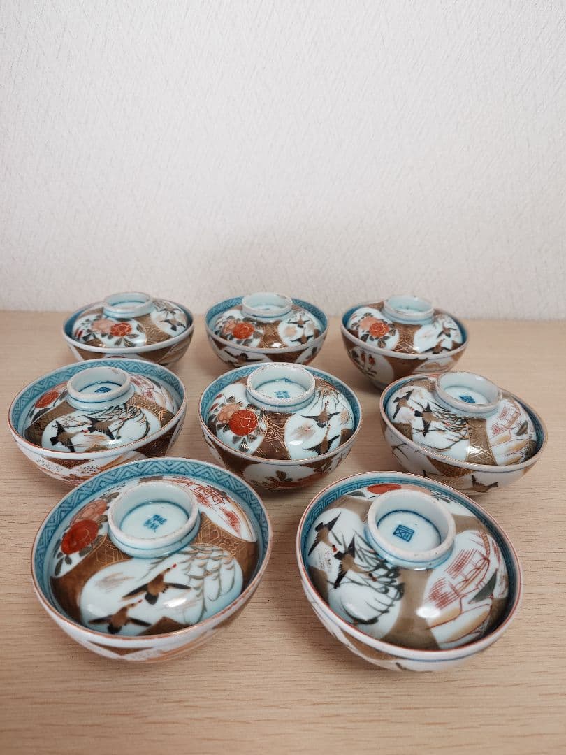 伊万里焼 時代物 蓋付煮物椀 蓋付き茶碗 8客 現状品 金彩