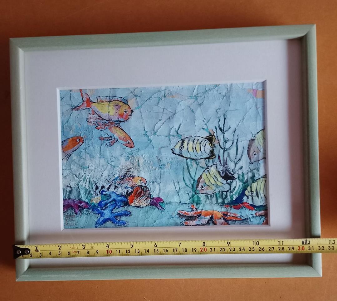 真作 高橋美香子「揉み紙絵」肉筆 原画 額装付き 魚 熱帯魚 現代アート