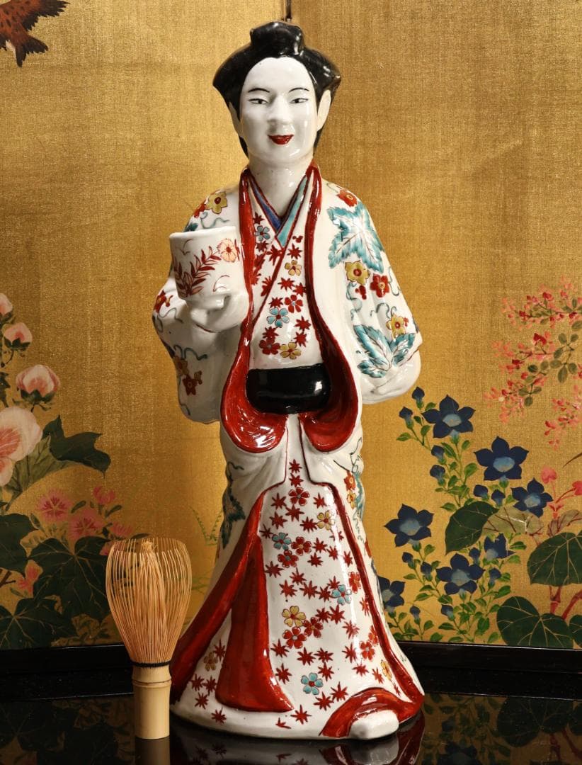 BK527　柿右衛門様式 色絵 陶器人形 元禄人形 美人人形 置物 古伊万里