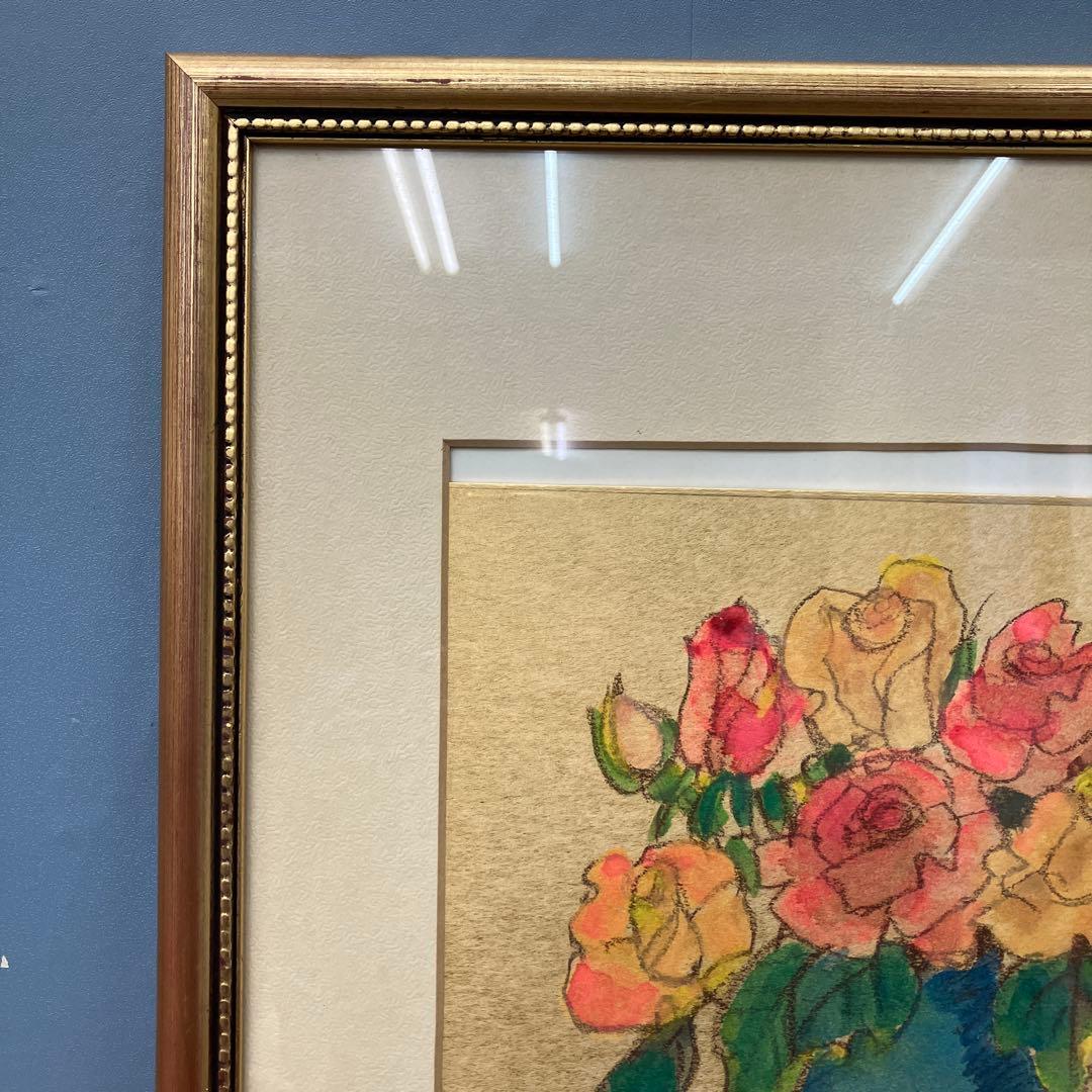 バラ 薔薇 静物画 水彩画 作者サイン「文子」額装 アート 作品 絵画 壁掛け