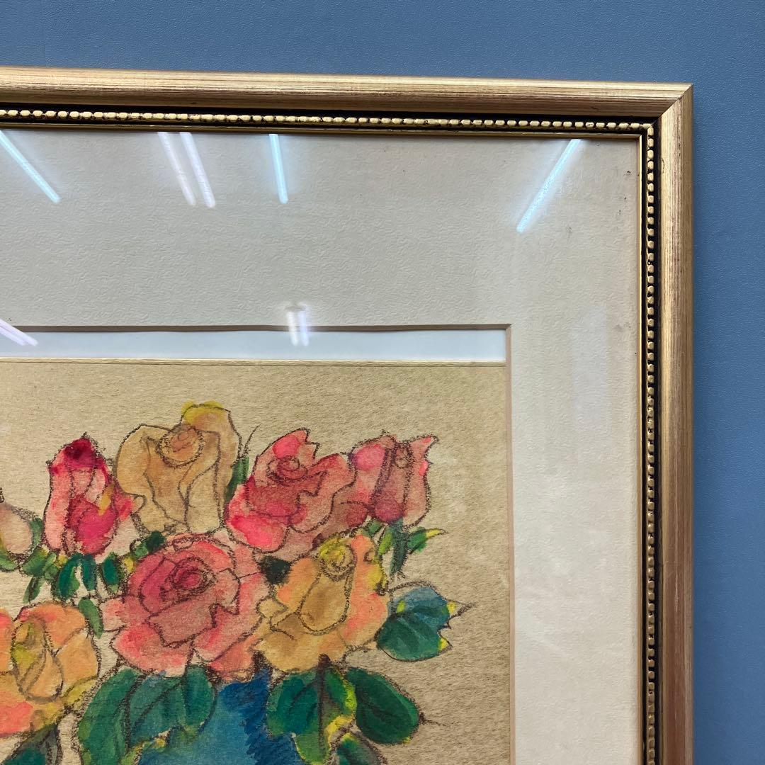 バラ 薔薇 静物画 水彩画 作者サイン「文子」額装 アート 作品 絵画 壁掛け