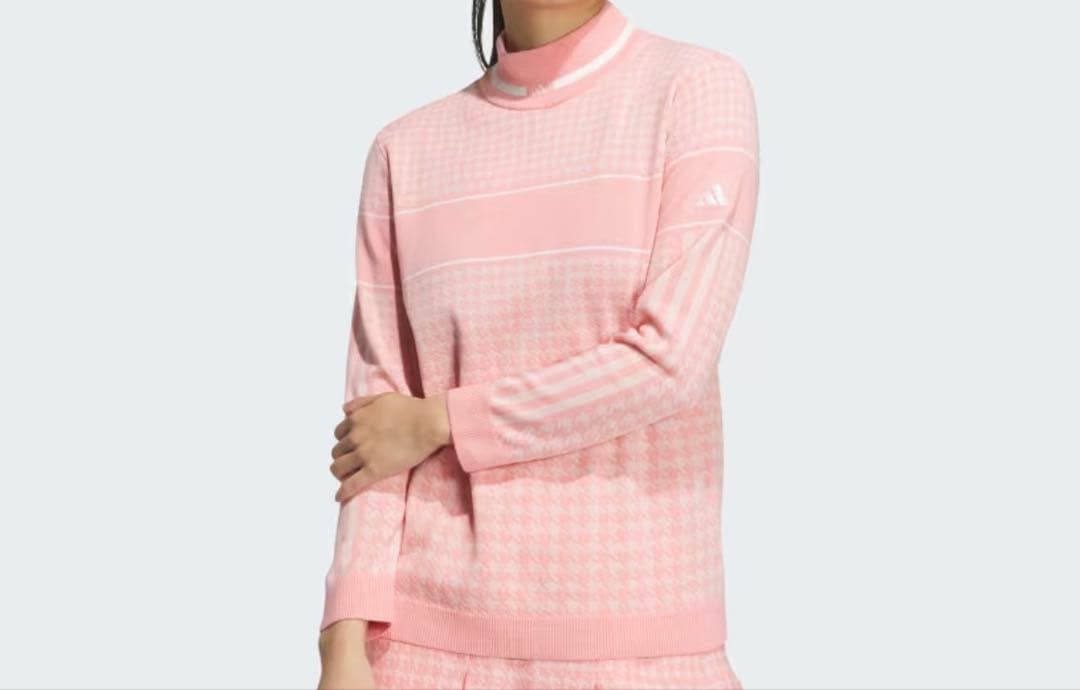 新品　L　PRIMEKNIT ハウンドトゥース モックネック セーター　ピンク