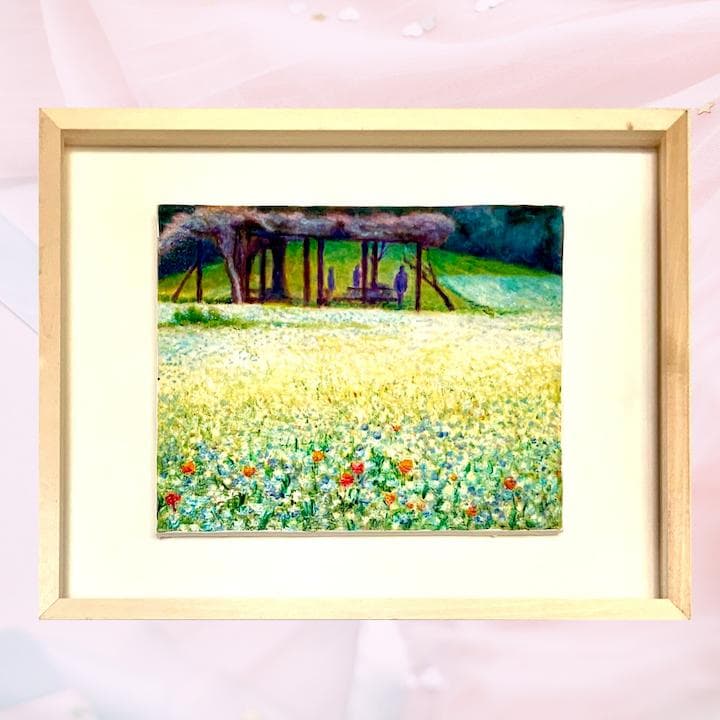 風景画/花の風景「ネモフィラ畑」油絵F3 木製フレーム付き