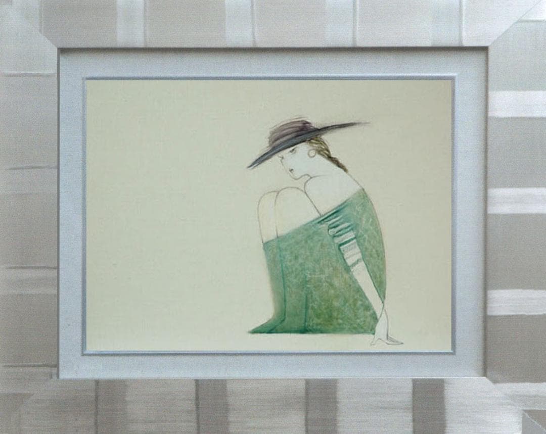 油絵 菅家令子 絵 絵画インテリア額付(青緑＋金色の枠) F4-072012女性