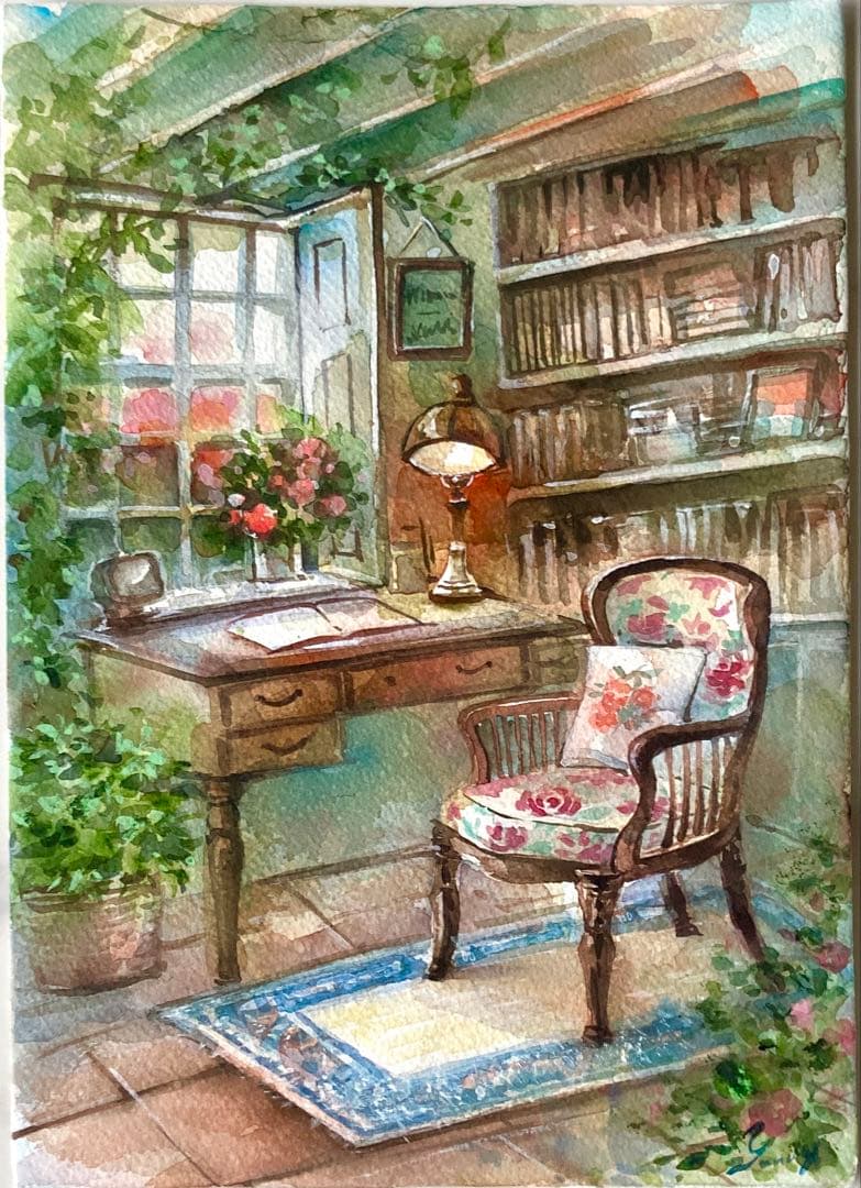 水彩画 原画 書斎の風景