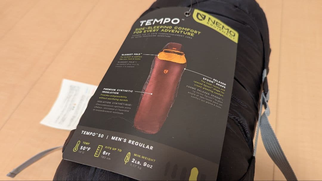 NEMO「TEMPO50＋収納袋セット」メンズ化繊シュラフ【中古美品】