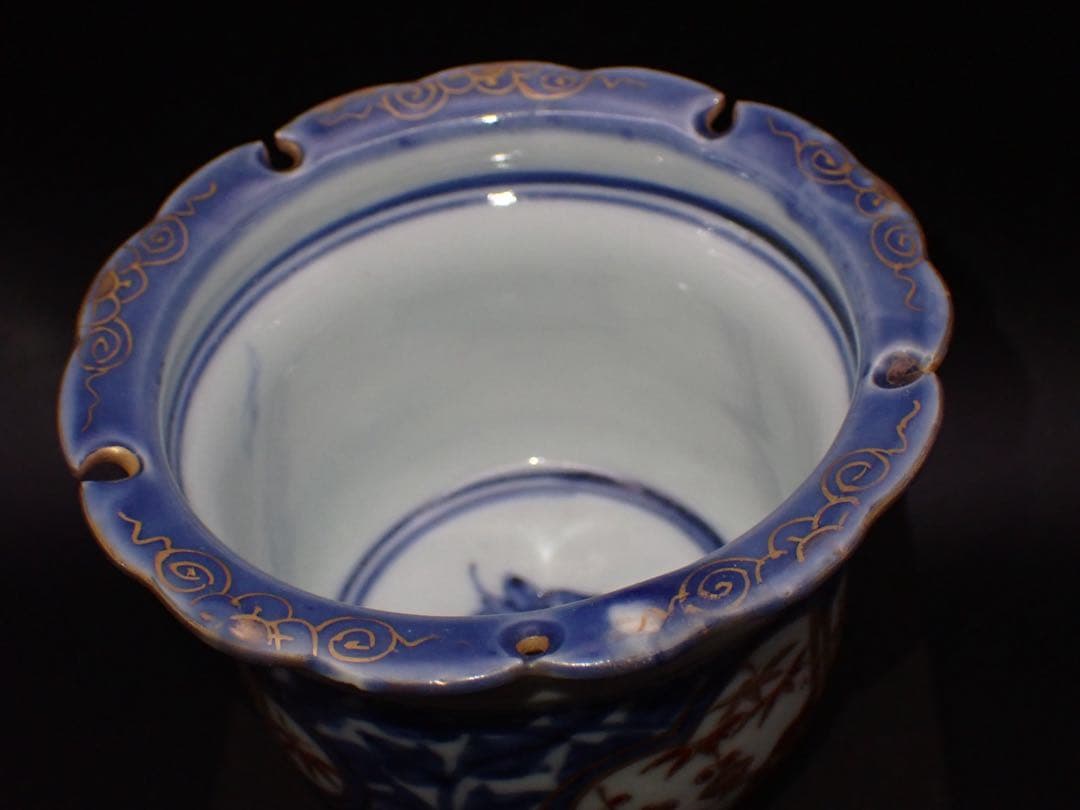 【完品】古伊万里<葉唐草 窓絵 松竹梅>そば猪口 江戸後期 （青25）