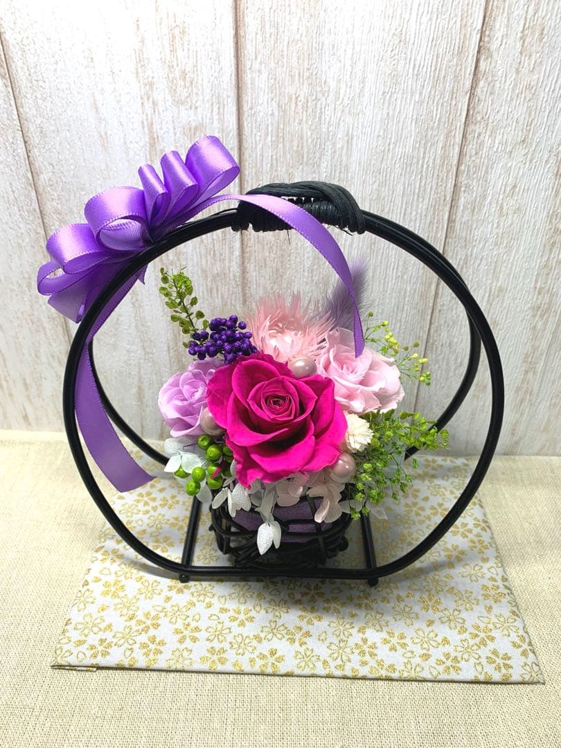 HANDMADE プリザーブドフラワー アレンジメント 花籠 薔薇