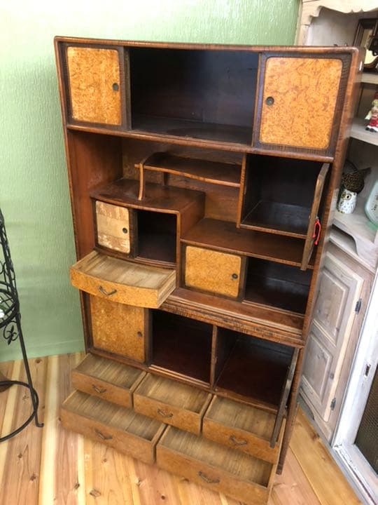 茶箪笥 玉杢 違い棚 多収納 水屋 昭和レトロ インテリア 古道具 木製